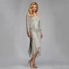 Vestidos gris de gasa para madre de la novia y novio con chaqueta 2020 para fiesta de boda de verano longitud de vestidos del té Madrina de talla grande