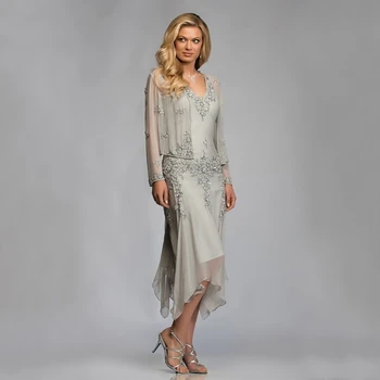 

Gray Chiffon Mother of the Bride Groom Dresses with Jacket 2020 for Summer Wedding Party Gowns Tea Length Godmother Plus Size