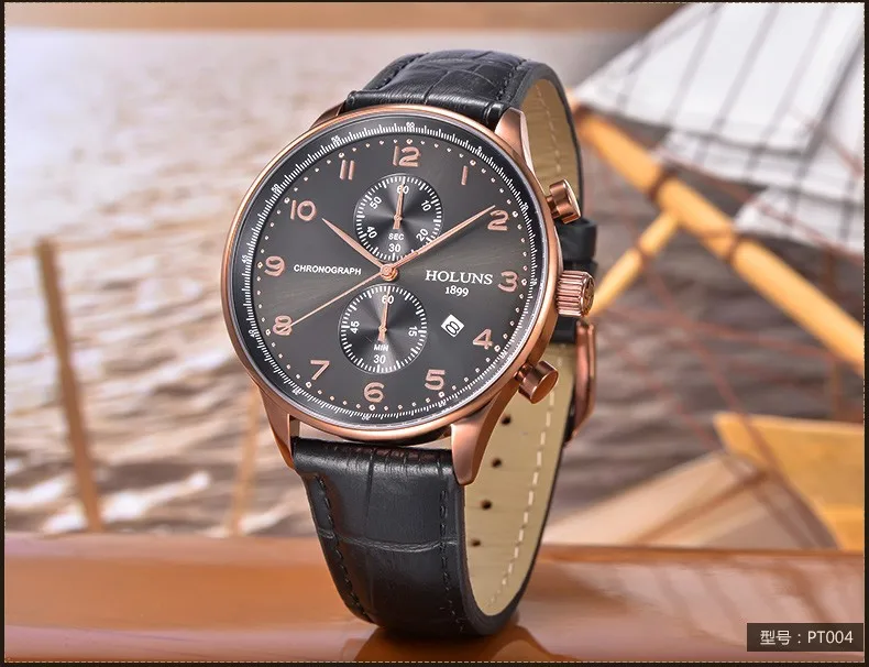 HOLUNS роскошные часы для мужчин пилот водонепроницаемый хронограф Многофункциональный циферблат кожаный ремешок нержавеющая сталь спортивные кварцевые часы