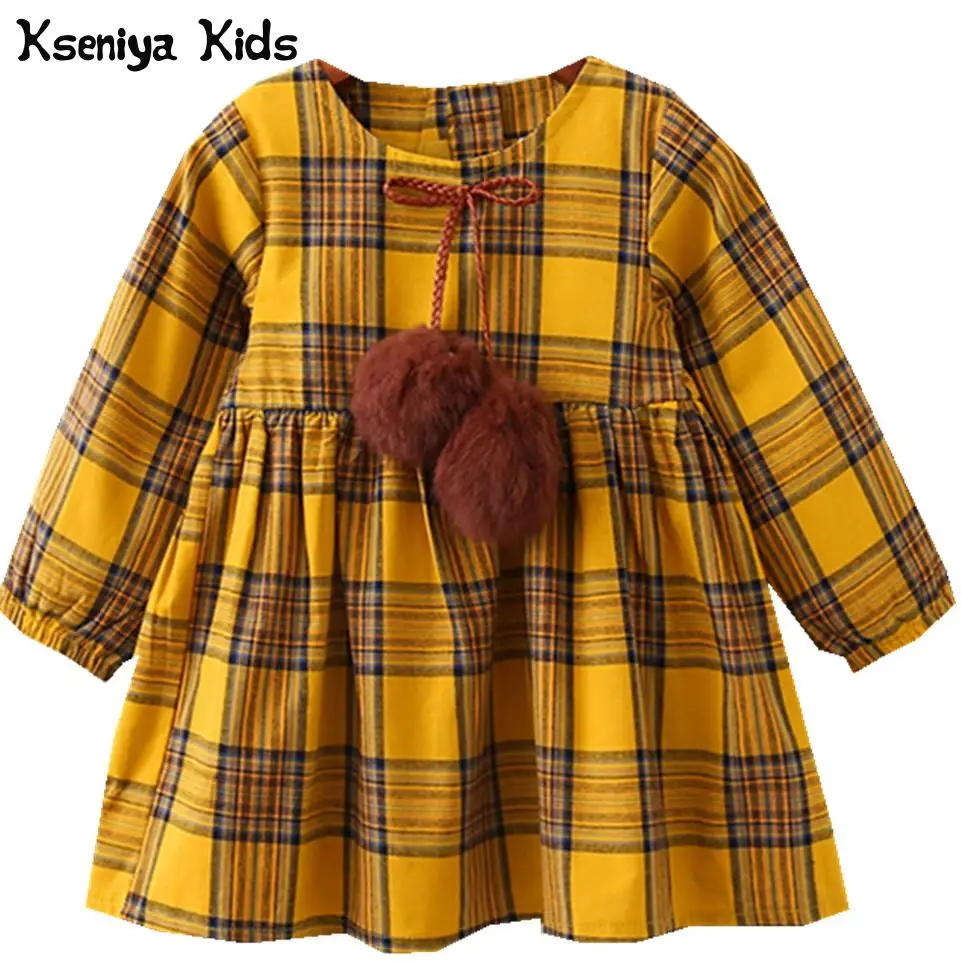 

Kseniya Kids Brand Red Yellow New Autumn Girls Clothes England Style Plaid Fur Ball Bow Design Baby Girls Long Sleeve Dress