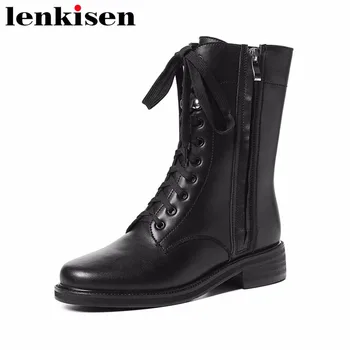 

Lenkisen hot sale rock girls motorcycle boots zip round toe solid med heels genuine leather black color women mid-calf boots L39