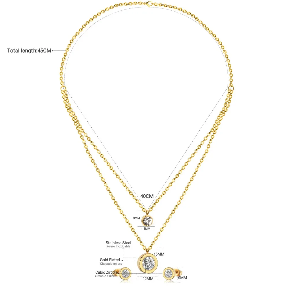 Комплект украшений LUXUSTEEL с двойным круглым кулоном из нержавеющей стали фианитом