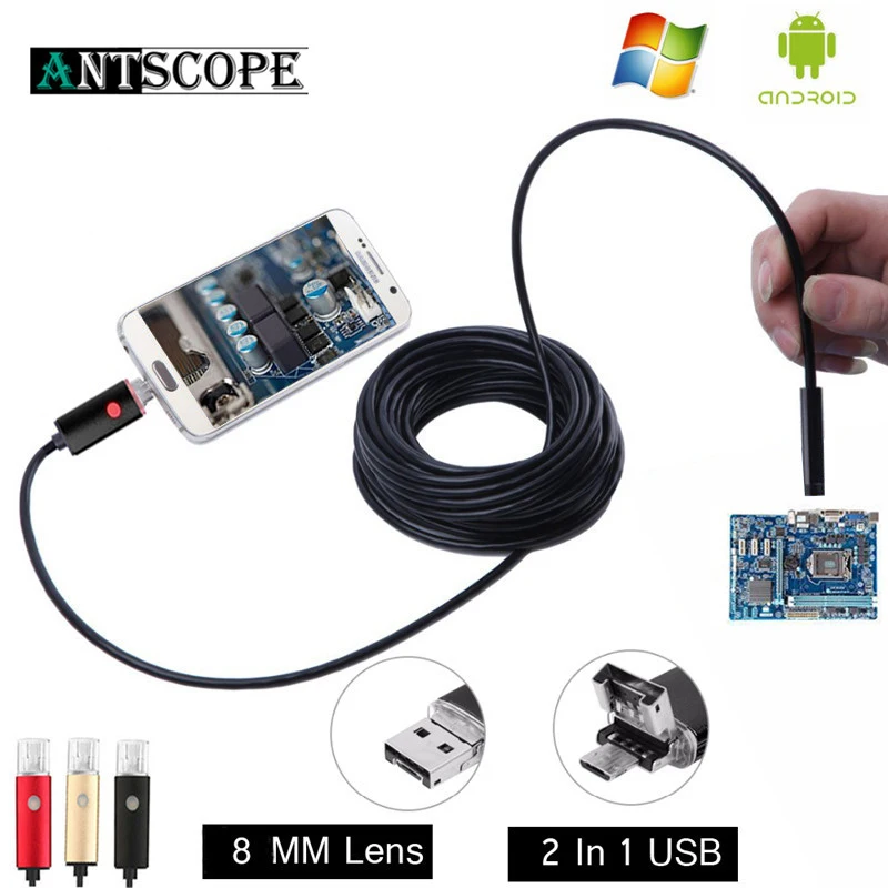 

8MM 2 IN 1 USB Inspection Endoscope 3 Colors Android Phone OTG HD 2/5/10m Snake Borescope With 6 LED Pipe Endoscopio Camera 30