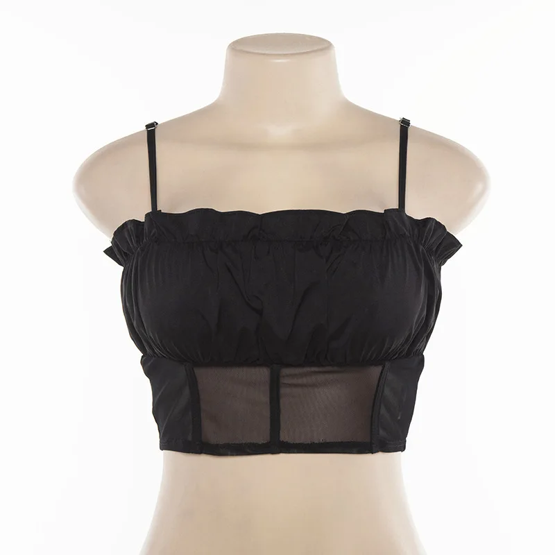 Hugcitar spaghetti straps mesh patchwork ruffles sexy camis 2019 summer women fashion party club streetwear solid crop tops