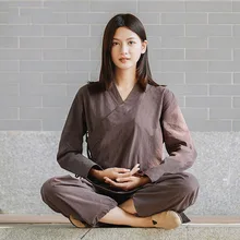 Vêtements de Yoga à manches longues pour femmes, style chinois, coton et lin, costume de méditation, Tai Chi, automne