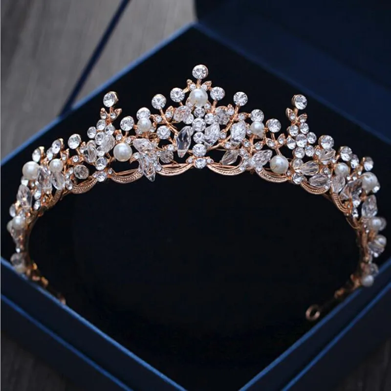 

Artificial Pearls Vintage Gold Pageant Quinceanera Crowns Tiaras Women 2018 Hair Jewelry Rhinestone Bridal Headbands Headpieces