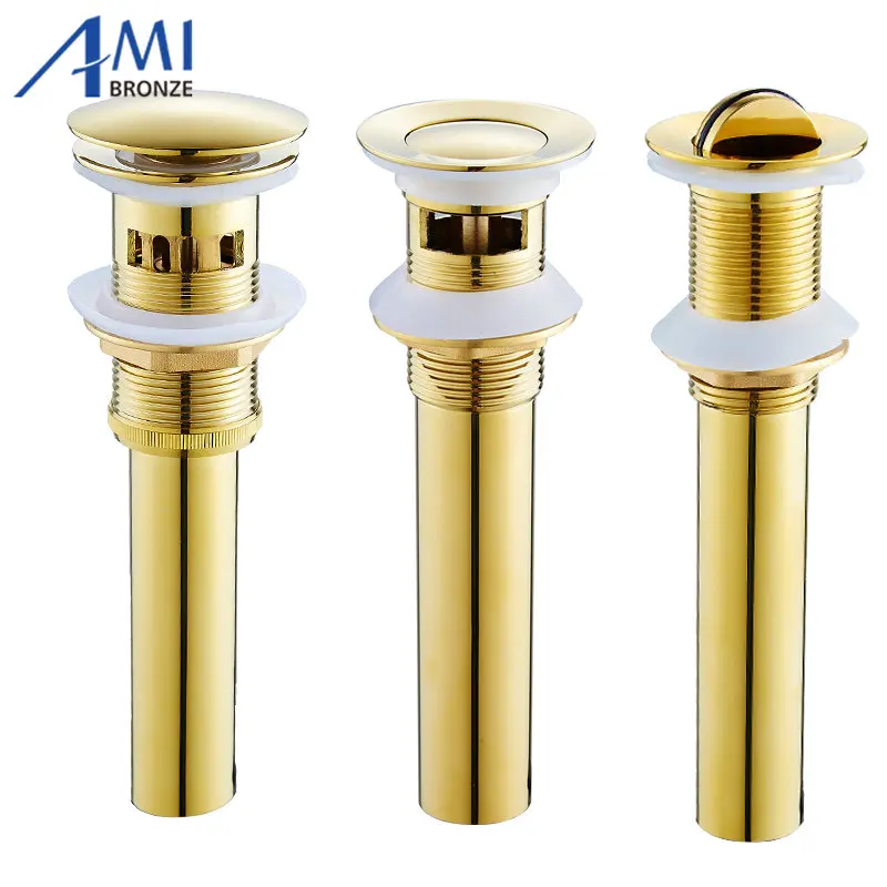 Gold Polished Solid Brass Basin Sink Pop Up Drainer Gravity flushing