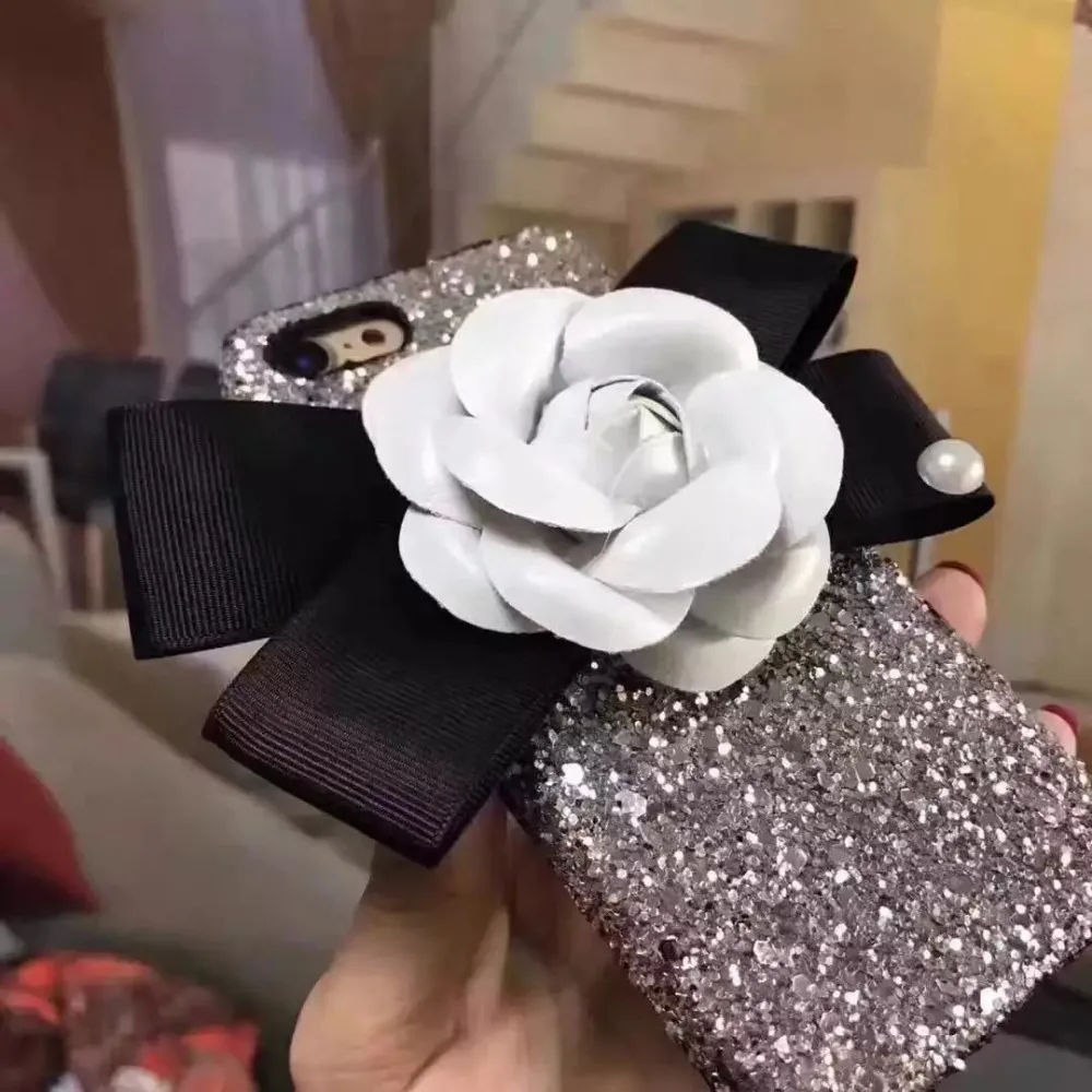 Роскошный Блеск 3D Цветок Телефон Case Для iPhone 7 Plus 6 s Плюс Камелии Крышка Жесткий PC