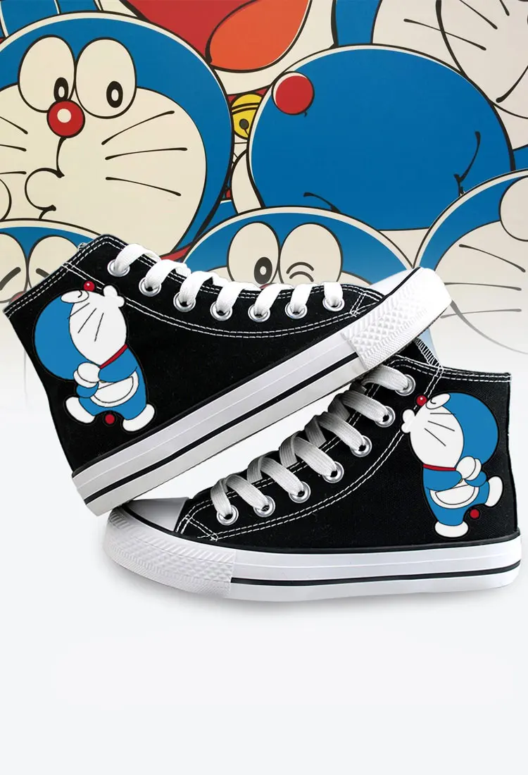 Doraemon/Женская обувь; женские кроссовки; Повседневная парусиновая обувь с рисунками из мультфильмов; Белая обувь с высоким берцем; мужская обувь на заказ