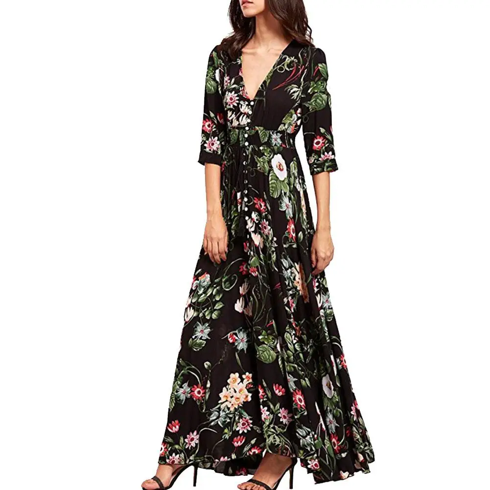 

Yfashion Women Button Slit Floral Printing Long Dress Beautiful Girl Leisure Dress Slim High Quality Comfortable Simple
