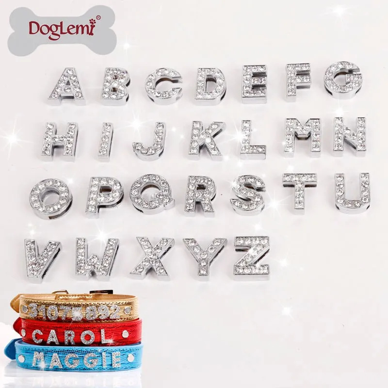 Doglemi 10 шт./лот, смешанные буквы или цифры DIY персонализированные Название Буквы животное ошейник rhinstones Bling