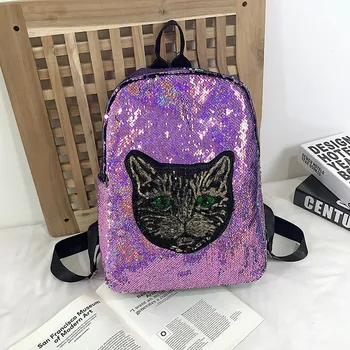 

College style Women Cat Color Matching Wild Fashion Sequin Leisure Travel Bag Student Bag Backpack
