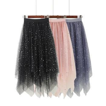 

Summer sequins irregular gauze skirt, is a suitable for women to wear lace skirt
