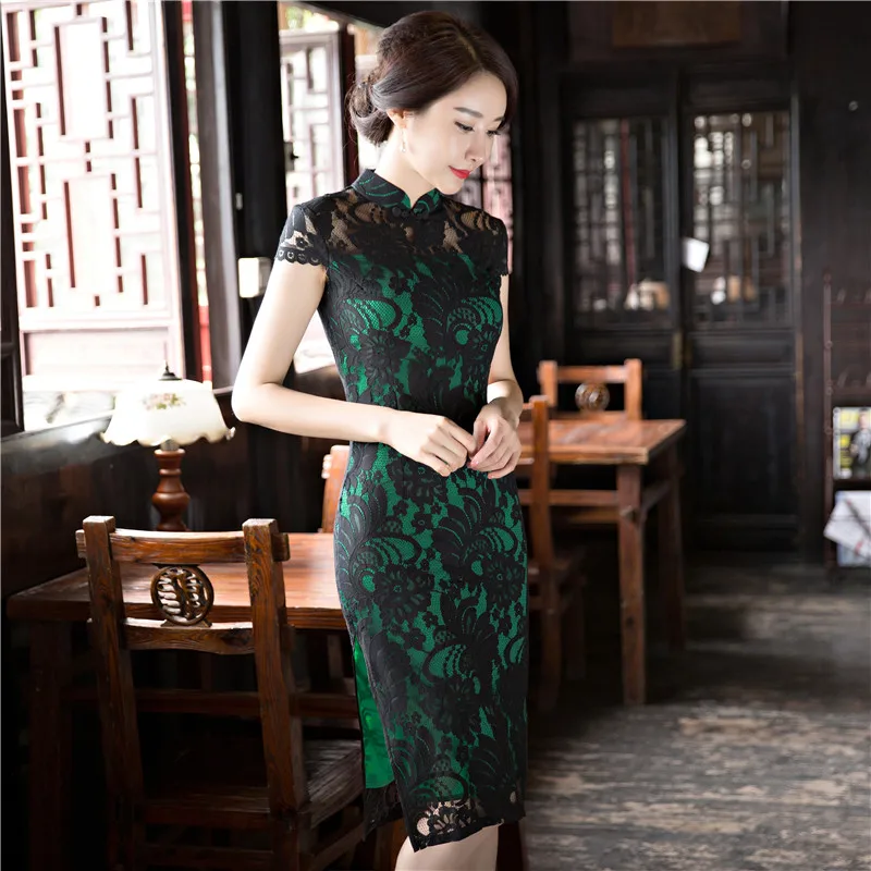 Шанхай история Новое поступление китайский женский колено Ленг Cheongsam модные короткие Стиль Лето Qipao кружевное платье Vestidos