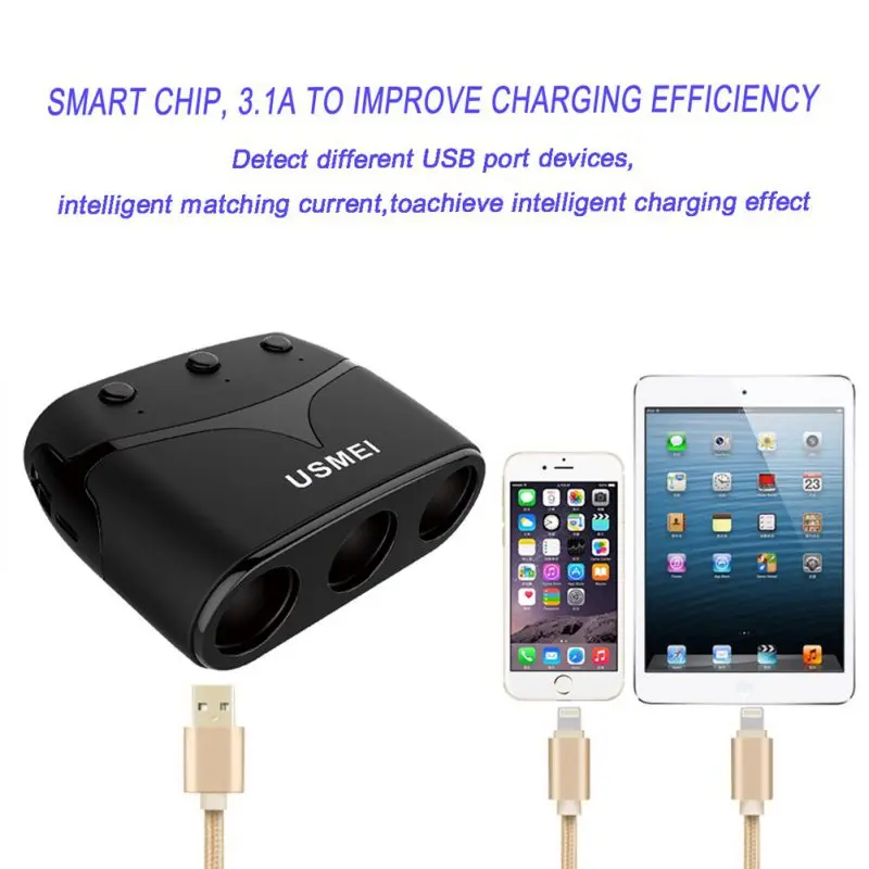 2 USB порта 3 пути автомобиля DC 12 ~ 24V прикуриватель гнездо черный сплиттер