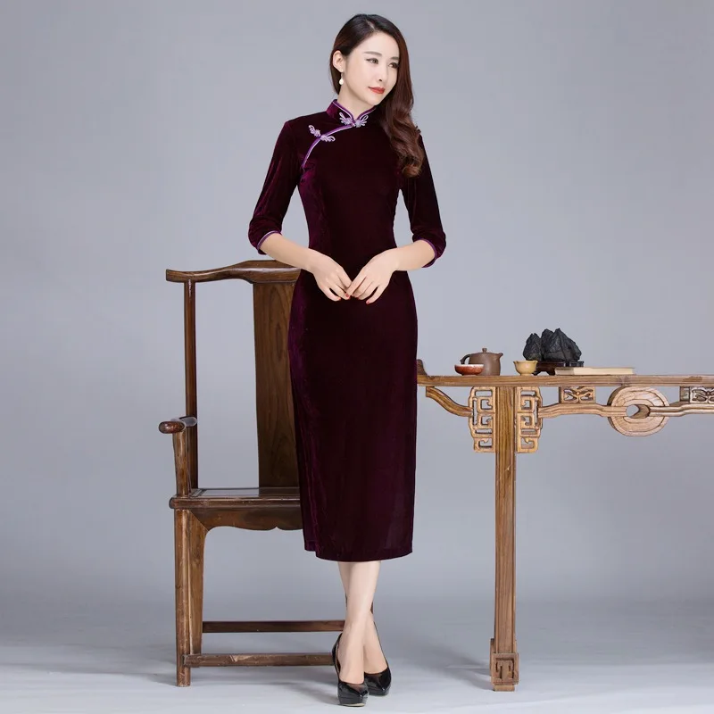 Бордовый Винтаж Для женщин бархат Тонкий Cheongsam 2019 новый китайский леди сексуальное платье воротник-стойка и кнопка ручной работы Qipao S-XXXL