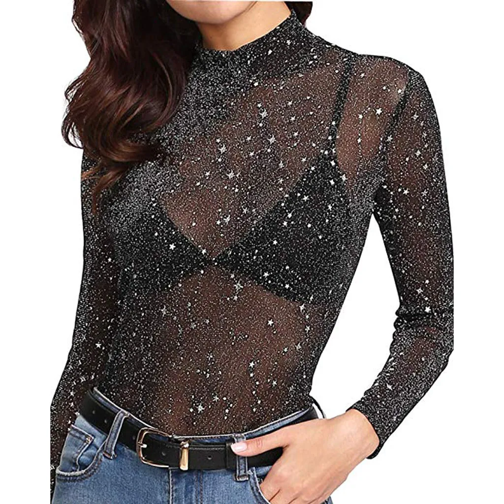 

CHAMSGEND Shirt Sexy Women T Shirt See Through Mesh Transparent tshirt Female Tops Long Sleeve O-neck Lace Rhinestone Tees 6JAN3
