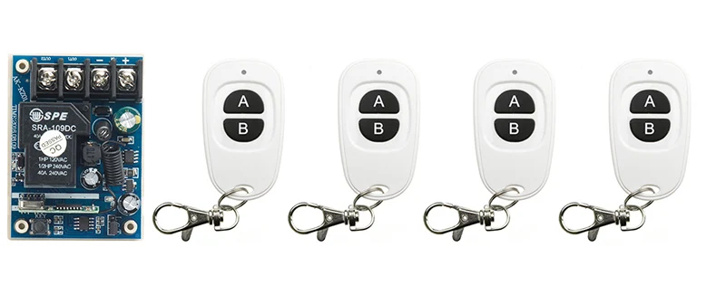 

New DC12V 24V 36V 48V 10A 1CH RF Wireless Switch Relay Receiver Remote Controllers & 4* White AB keys Waterproof Transmitter