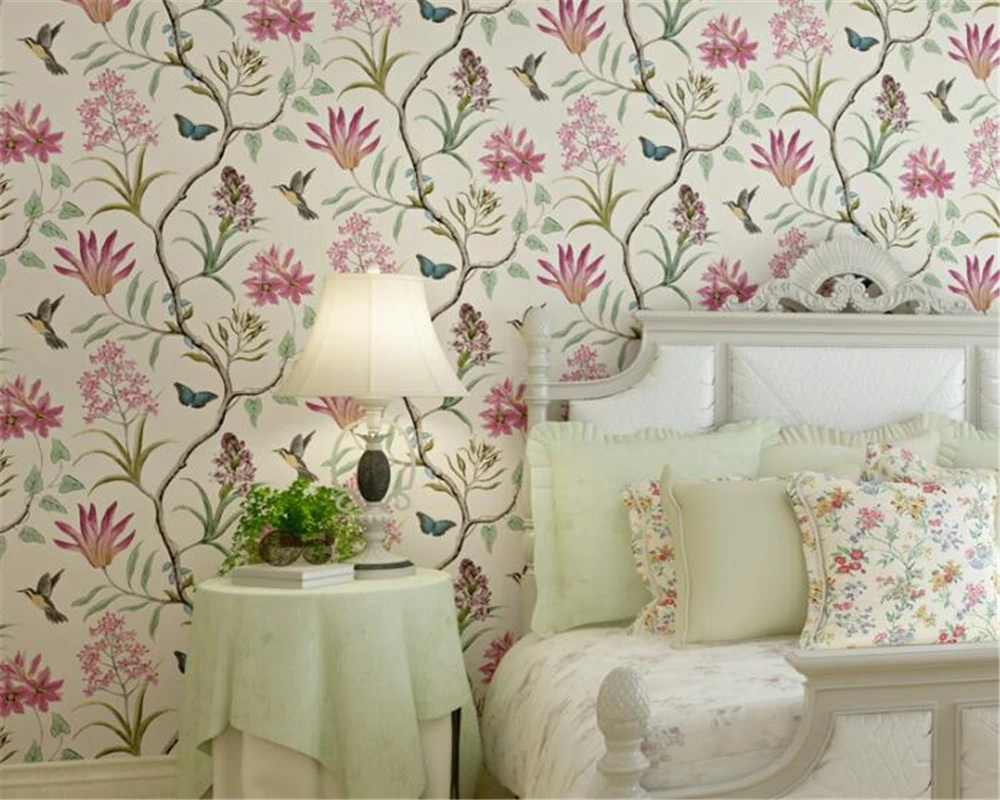 Beibehang American Village Retro Flower Bird Wallpaper Living Room