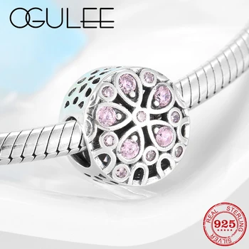 

100% Authentic 925 Sterling Silver Blooming zircon flower pink Crystal Beads fit Original Pandora Charm Bracelets Jewelry making