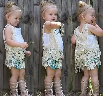 

2016Toddler Kid Baby Girl Crochet Lace Hollow Blouse Top Vest Tassel Waistcoat Shirts Tops Outfits