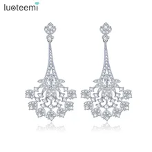 LUOTEEMI, роскошные блестящие серьги-подвески из чистого прозрачного хрусталя с цирконием для женщин, цвет белого золота, для свадьбы