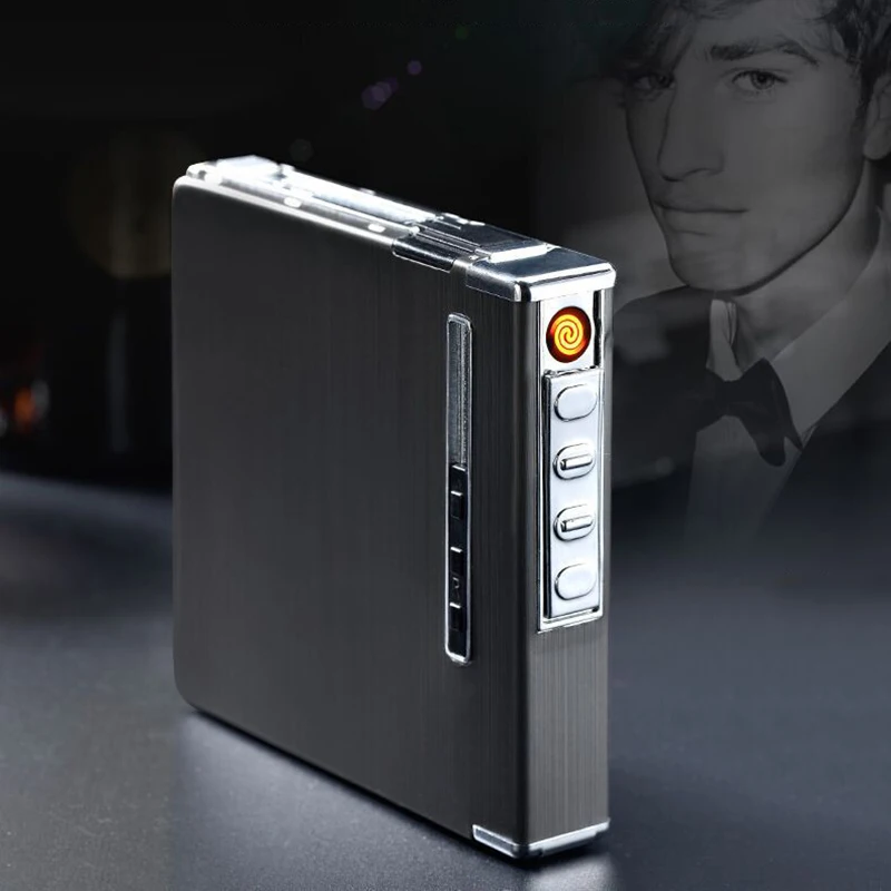 20 сигарет тонкий алюминиевый металлический Автоматический чехол для электронной сигареты с USB перезаряжаемой ветрозащитной электрической зажигалкой