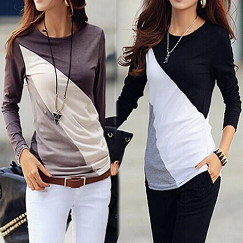 Для женщин модные Корейский стиль Осень Slim Fit Цвет Блок рубашка с длинными рукавами