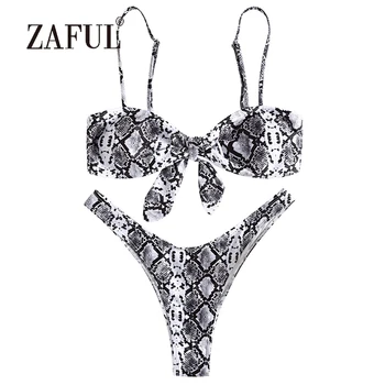 

ZAFUL Sexy Snakeskin Bikini Knotted Women Swimsuit Swim Top with Thong Bottoms Swimwear Spaghetti Straps Padded Beazilian Biquni