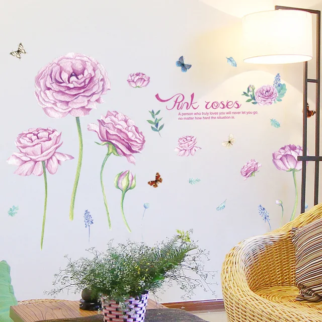 Best Offers purple pink rose blossom wall stickers salon backdrop store dining room window home decor removal vinyl mural flower DIY decals Best Offers purple pink rose blossom wall stickers salon backdrop store dining room window home decor removal vinyl mural flower DIY decals