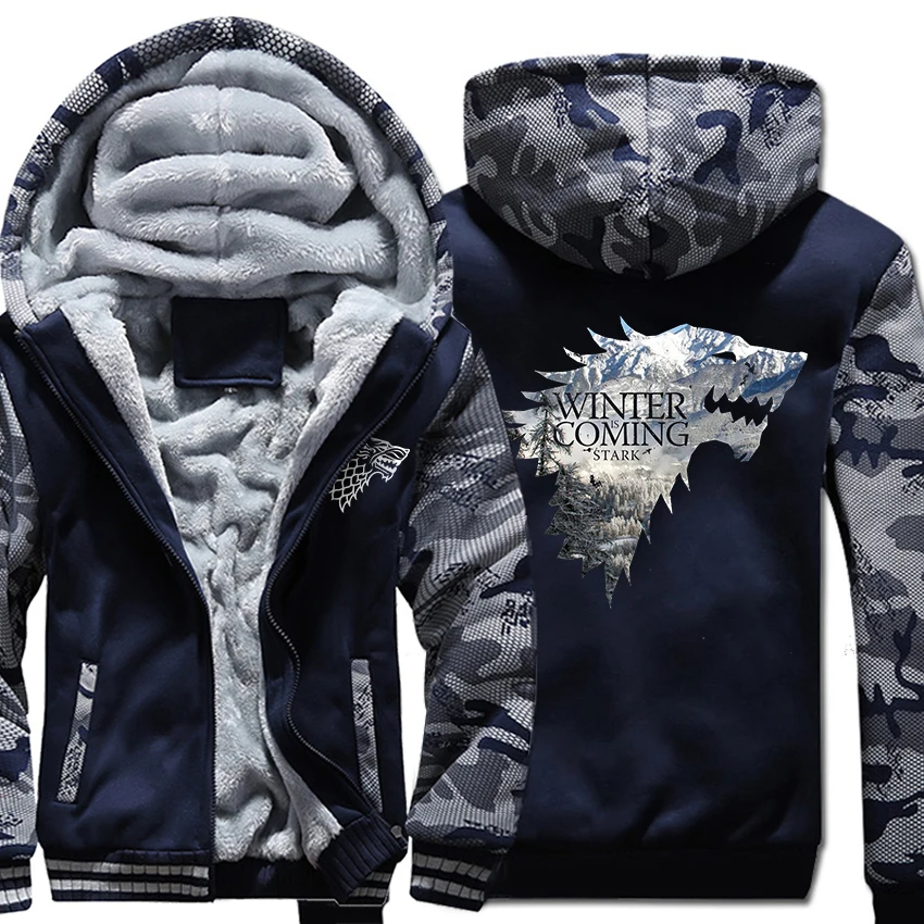 

2019 Thick Sweatshirts For Men Jacket Camouflage Hooded Hoodie Game Of Thrones Stark House Men's Hoodies Winter Is Coming Hoody