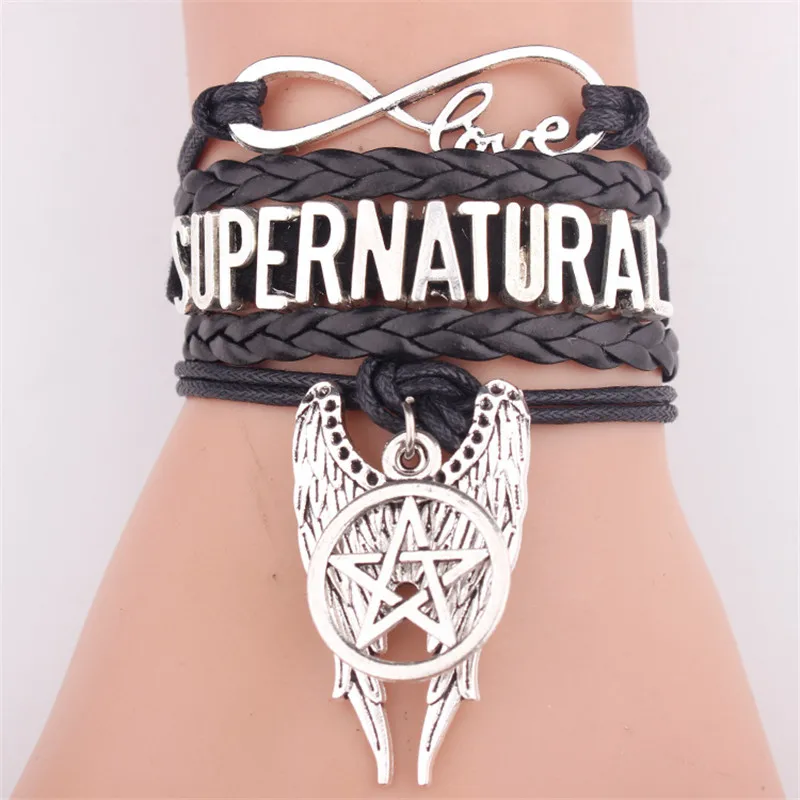 

Infinity Love Supernatural Wrap Bracelet Pentagram Wings Charm Black Wax Suede & Leather Bracelet Custom Any Themes