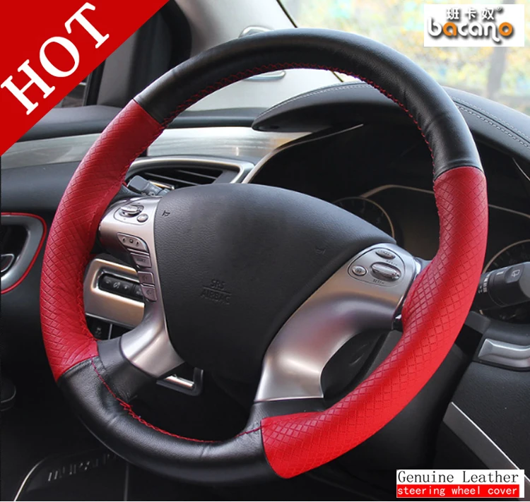 

BACANO 38cm Genuine Leather Auto Car Steering Wheel Cover Soft Anti-slip Car Steering Cover Black Braid With Needles and Th