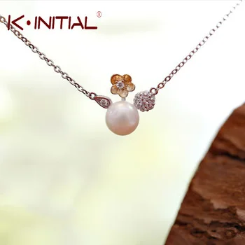 Kinitial 1Pcs 925 Silver Chain Romantic Flower Choker Necklace Simulated Pearl Necklace Sweater Fashion Flower Jewelry Bijoux