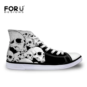 

FORUDESIGNS Casual High Top Women's Vulcanized Shoes Black White Skull Design Autumn Canvas Shoes Woman Lace-up Leisure Shoes