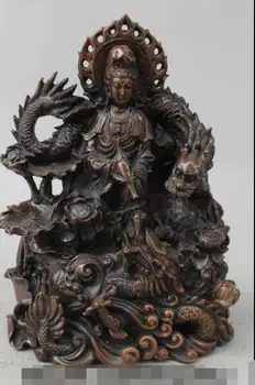 

Free shipping S01490 10" Chinese Buddhism Pure Bronze Dragon Kwan-yin Bodhisattva Goddess Vase Statue