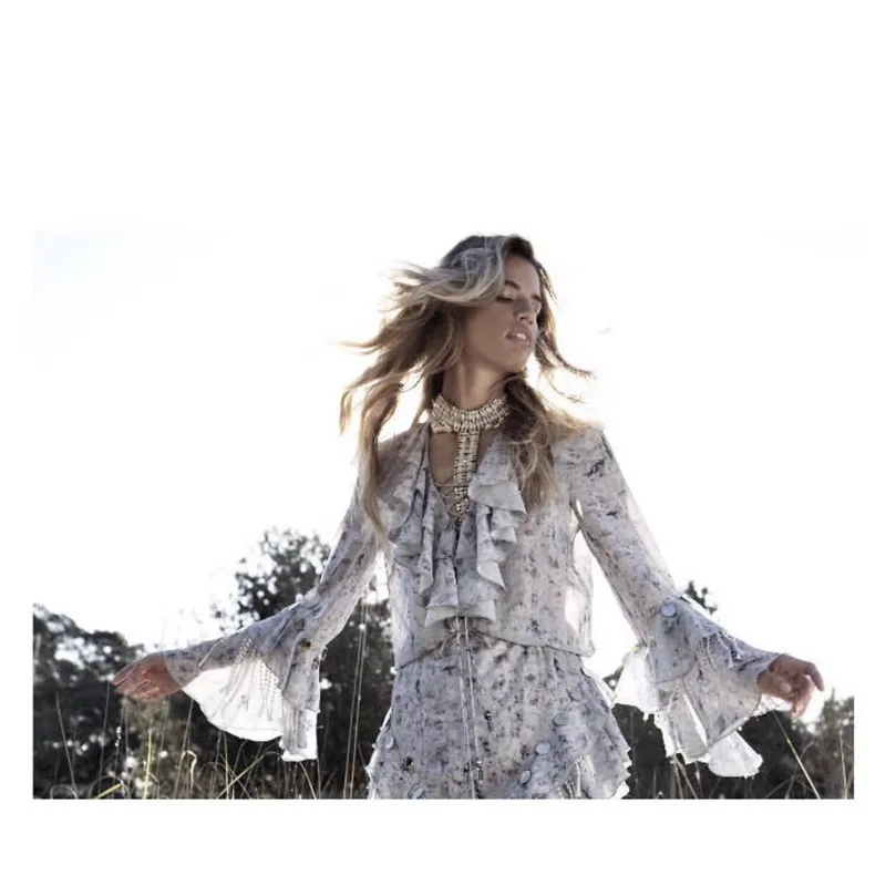 

EXCOSMIC Print Dresses For Party V-Neck Lotus Leaf Long Sleeve Long Dress Runway Embroidery Lace Elegant Party Beach Maxi Dress