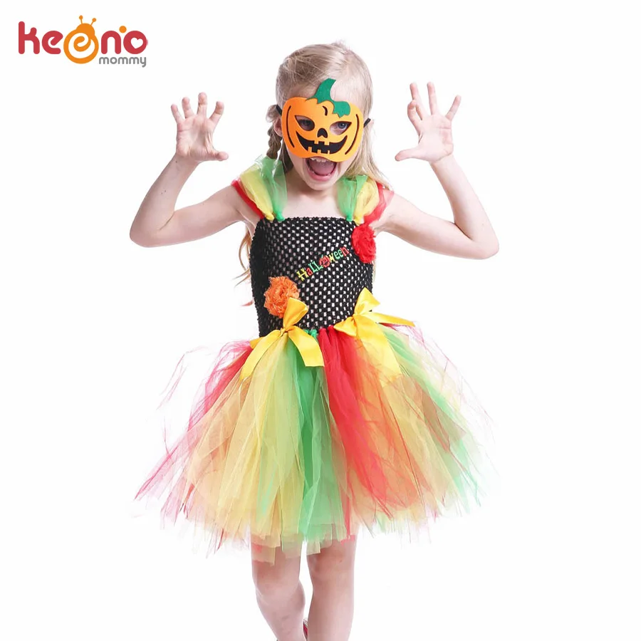 Rainbow Style Girls Halloween Tutu Dress with Pumpkin Mask Handmade
