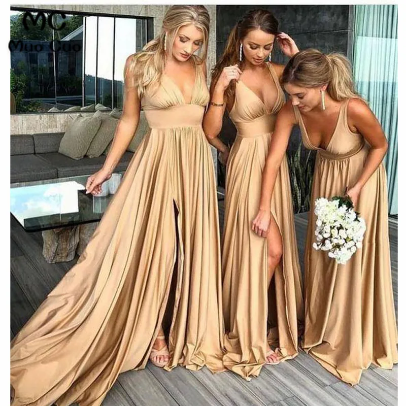 

2018 Excellent Wedding Party Dress Bridesmaid Dress Long Deep V-Neck Tank Shiny Satin Draped Women Bridesmaid Dresses