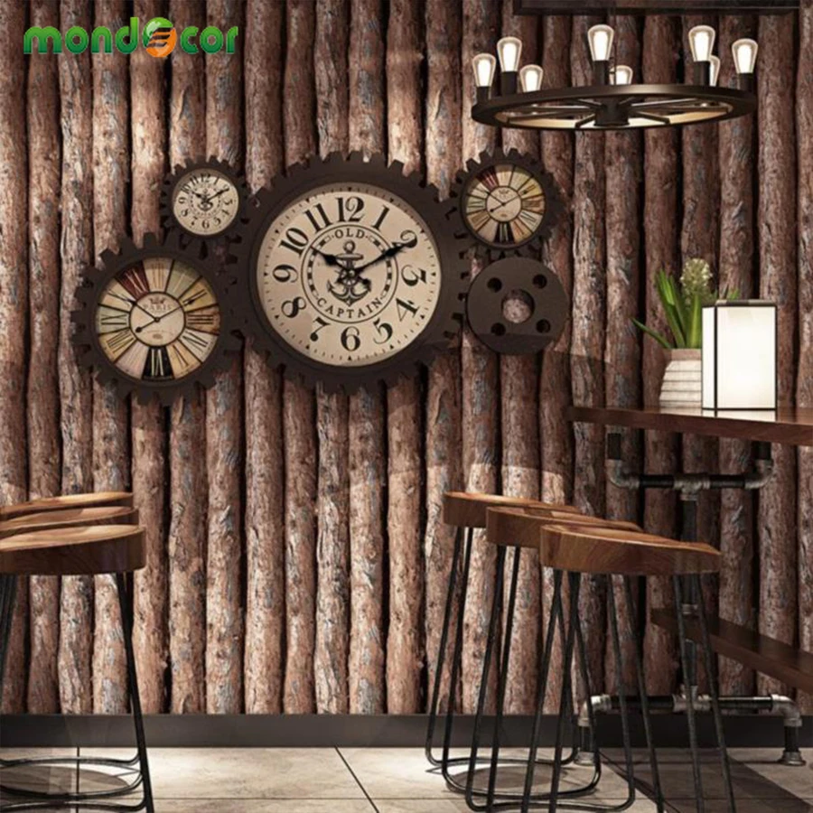 

2019 Modern Vintage Embossed 3D Faux Wood Textured Wallpaper Rolls for Living Room Restaurant Background Wall Decor Wallcovering