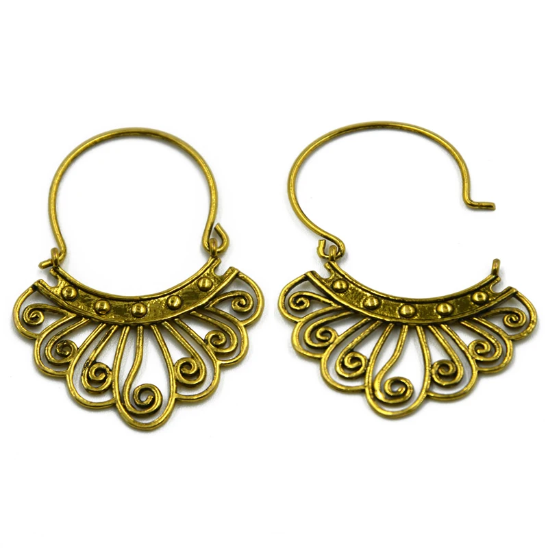 Brass Gold Tone Ornate Swirl Hoop Gypsy Indian Beaded Mandala Lotus Flower Tribal Ethnic Earring Boho ear Piercing Body Jewelry - Image 4