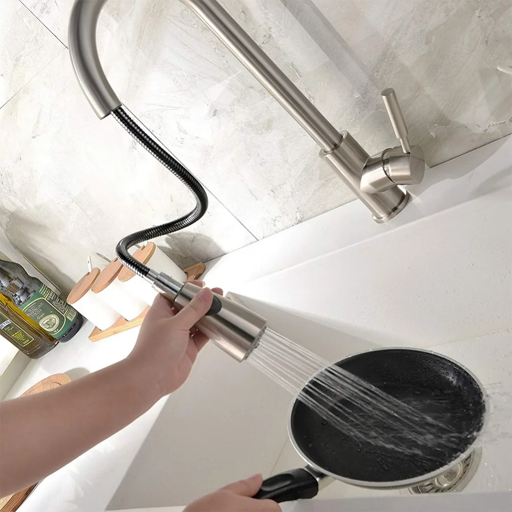 Kitchen Faucets Silver Single Handle Pull Out Kitchen Sink Tap Single Hole Handle Swivel 360 Degree Rotation Water Mixer Tap