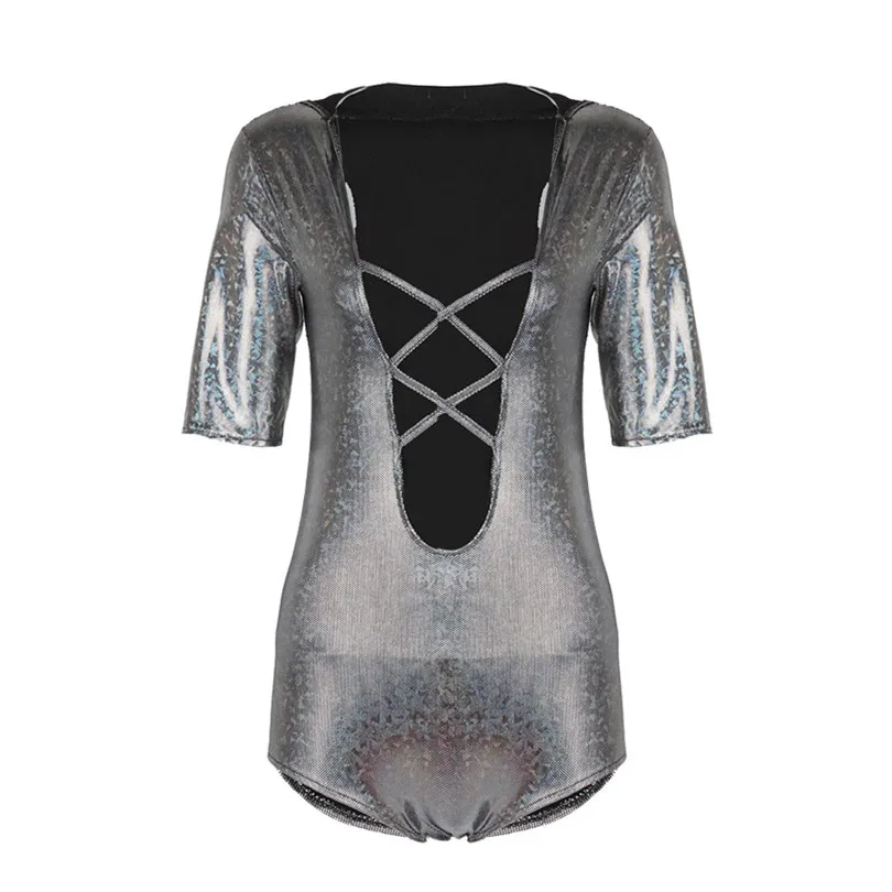 Hooded Bodysuit Sexy Women Bandage Jumpsuit Rompers Shiny Swimwear Deep V Neck Bodysuit Women Bodycon Playsuit Feminino 40APR1110