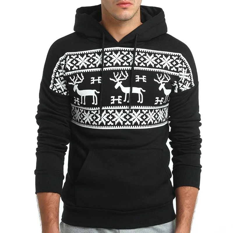 

Loldeal Fashion Christmas Snowflower Prints Pullover Winter Sweater Men Black Sweater Men's Elk Hood Kerst Trui Mannen Women