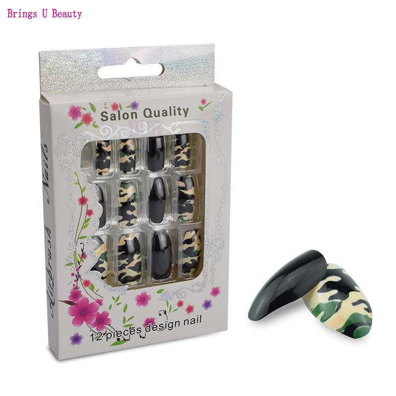

12pcs/pack Camouflage Airbrush Nails Designed Nail Fake Nail Art False Nails with Nail Adhesive Sticker Full Cover Medium Length