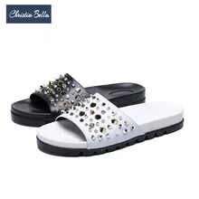 Christia Bella/модные мужские шлепанцы с заклепками, мужские шлепанцы из натуральной кожи, Летние повседневные Нескользящие мужские сандалии, большие размеры, Вьетнамки