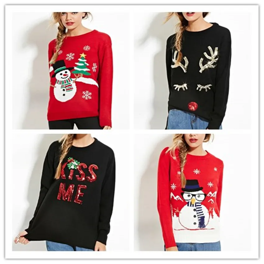 2016 Autumn Winter Christmas Sweater Party Abstract Anime Character Sequined O Neck Black Red Pullovers Knitwear Outerwear Red Pullover Christmas Sweaterwinter Christmas Aliexpress