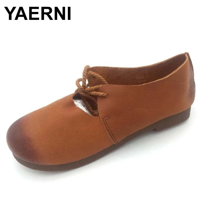 

YAERNI Women's Shoes Plain toe Lace up Flat Shoes Hand-made Genuine Leather Women Flat shoes Female Footwear
