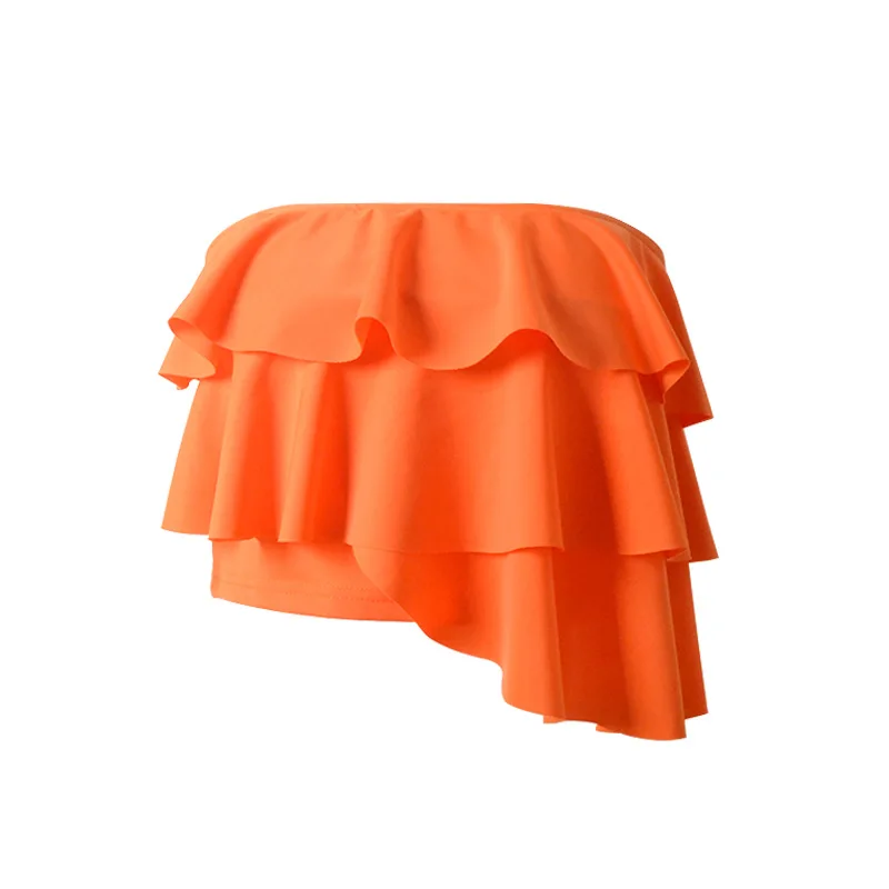 orange red Пикантные повседневные топы на бретелях с открытыми плечами для женщин,, летние топы с оборками, однотонный топ с обмоткой на груди, короткий топик на бретельках, топы для пляжа, ночного клуба - Цвет: orange red
