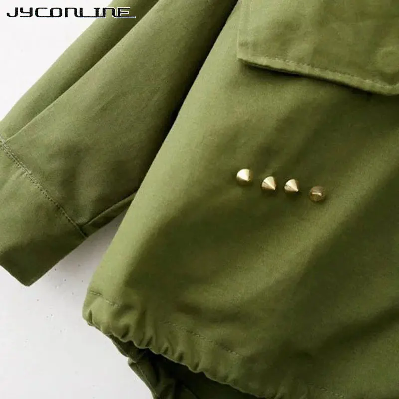 JYConline 2017 Basic Jacket Coat Women Army Green Floral Embroidery Bomber Jacket Patches Rivet Zipper Punk Women Jacket Outwear